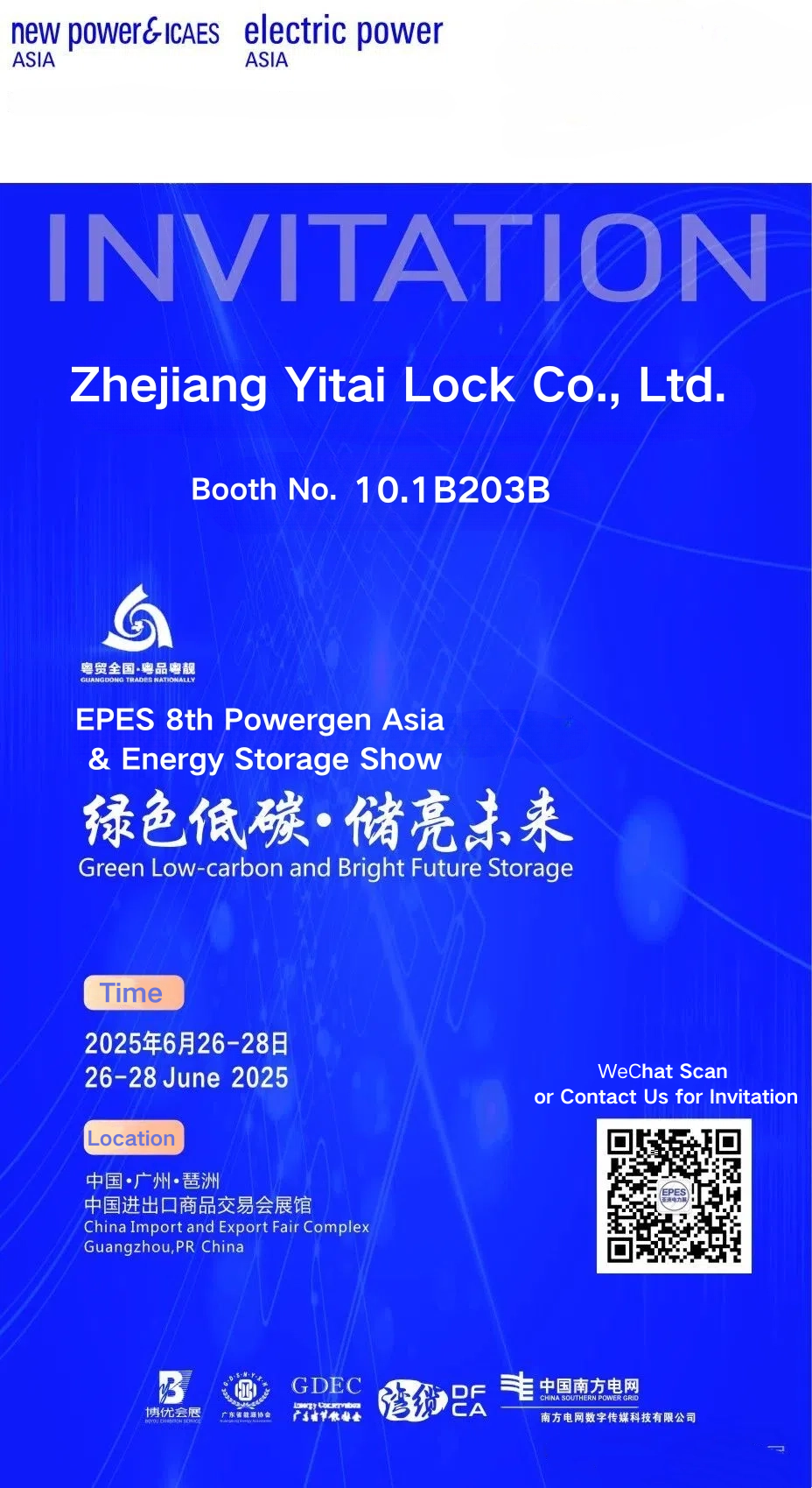 Yitai Lock lädt Sie ein, am 26. bis 28. Juni an der Ausstellung Electric Power/New Power Asia teilzunehmen